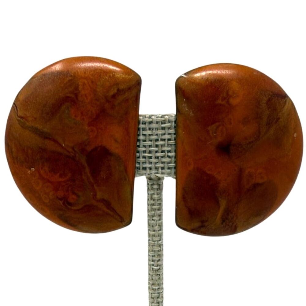 Vintage 80s Orange Marbled Enamel Clip On Earrings Oversized Mod